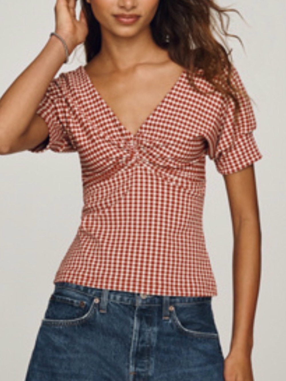 Anthropologie Red Gingham V-Neck Flutter Sleeve Top